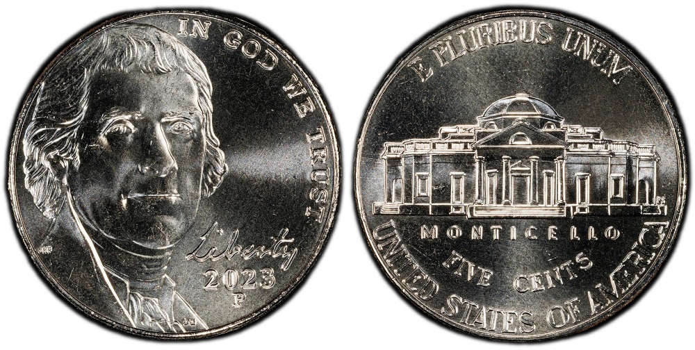 2023 Jefferson nickel comparison: incomplete Monticello steps (left) vs Full Steps FS designation (right)