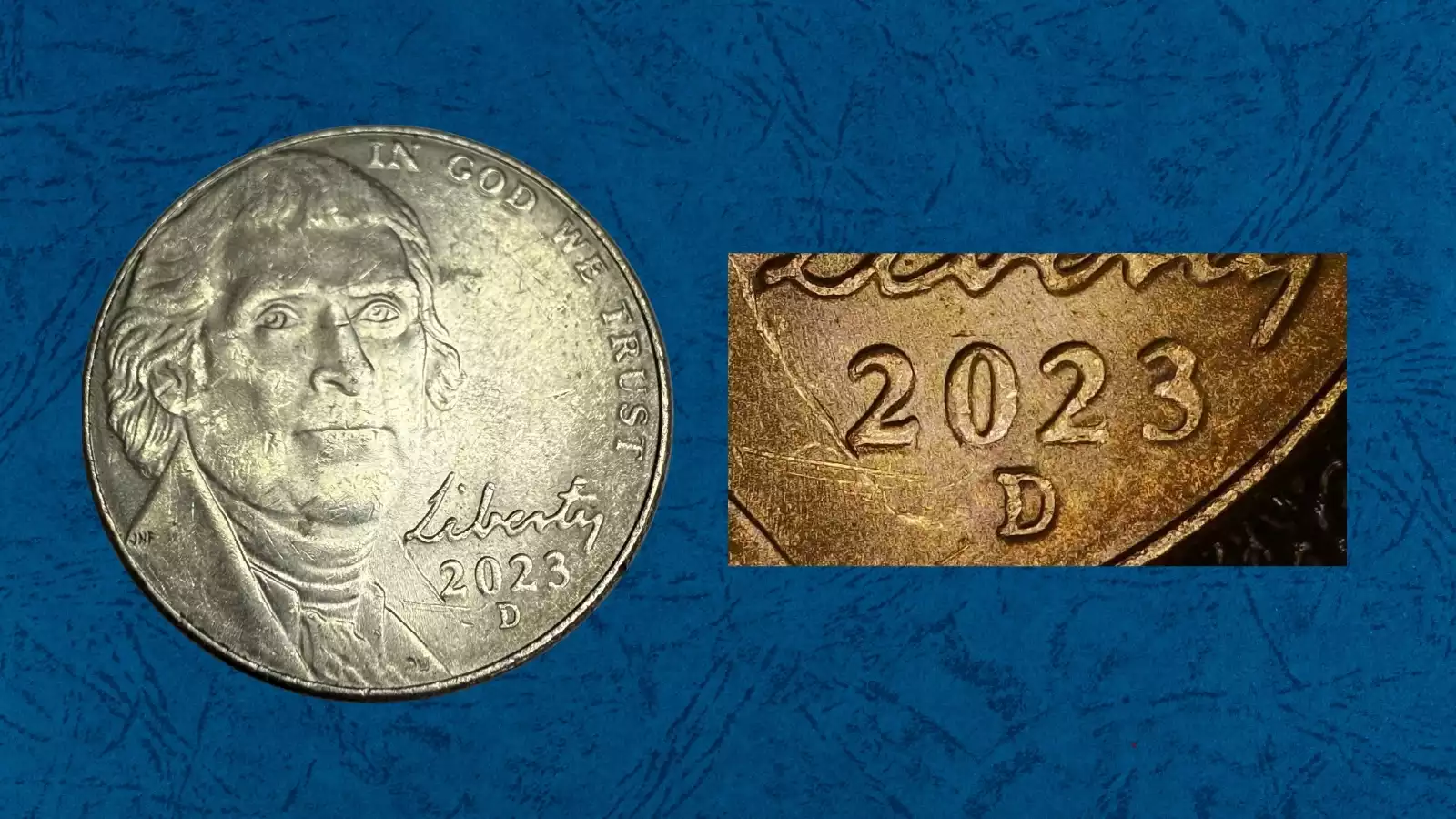 2023 Jefferson nickel Doubled Die Obverse (DDO) error showing doubling on LIBERTY inscription under magnification