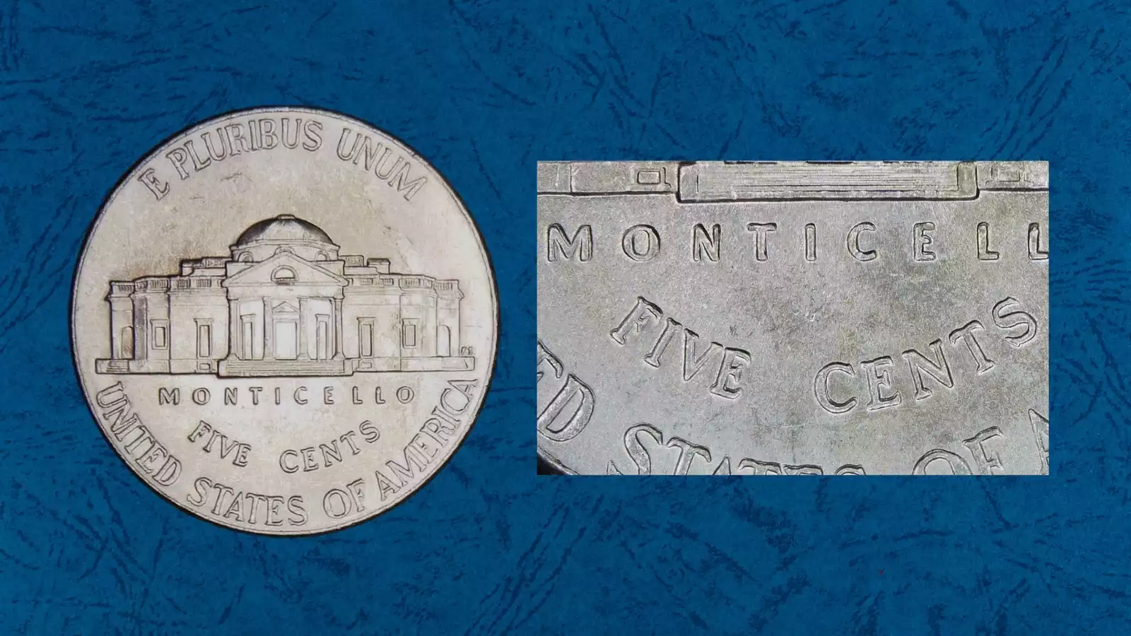 2023-D Jefferson nickel Doubled Die Reverse (DDR) error showing doubling on Monticello reverse design elements under magnification