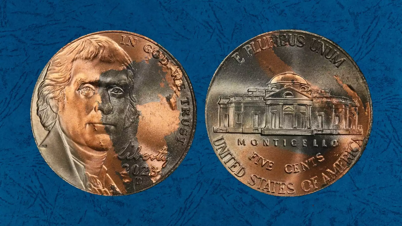 2023 Jefferson nickel improperly annealed planchet error showing abnormal brownish-black discoloration across the coin surface